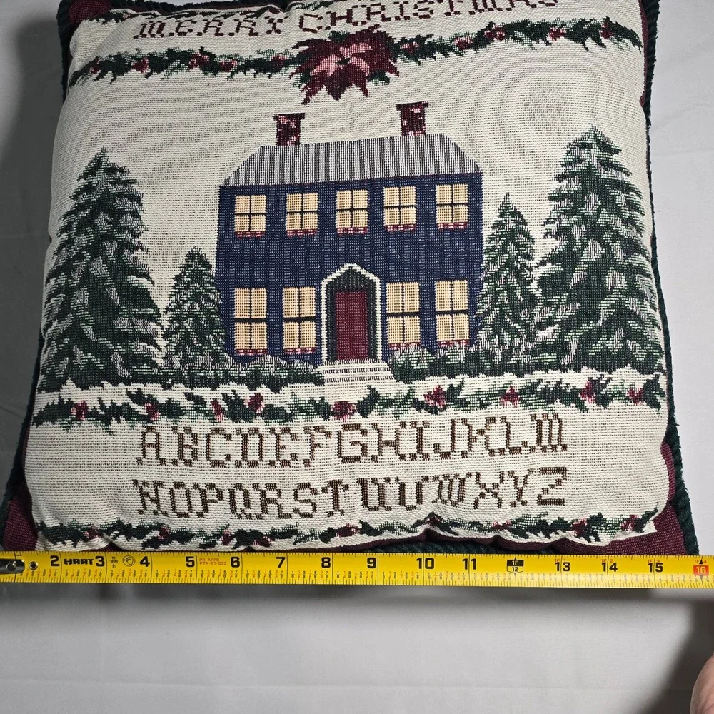 Vintage‎ Christmas Folk art Tapestry Pillow Colonial House Alphabet Woven 15x15